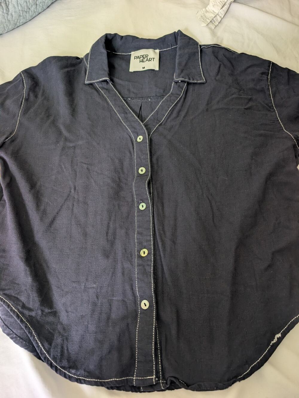 Paper Heart Linen Blend Camp Shirt Blue Button Down size MED